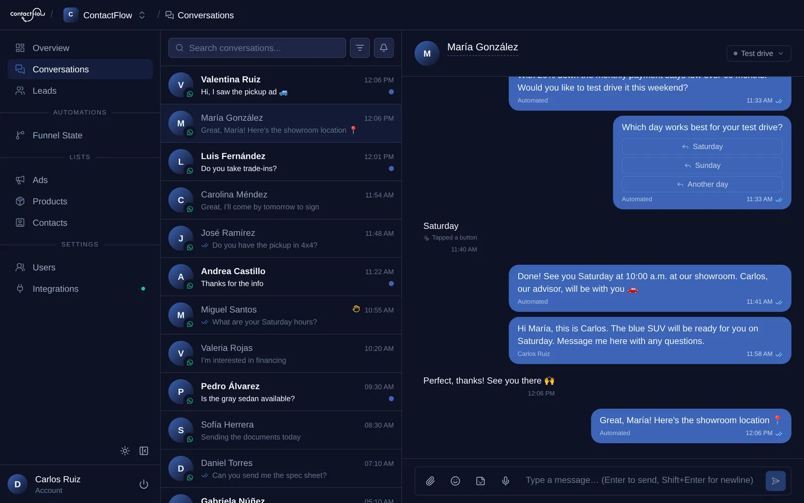 The ContactFlow conversations inbox: chats from several channels and an open conversation with a lead.