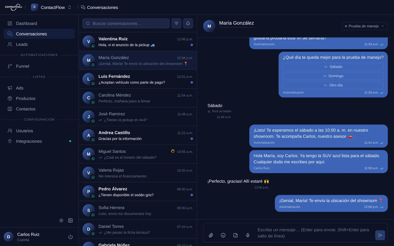 La bandeja de conversaciones de ContactFlow: chats de varios canales y una conversación abierta con un lead.